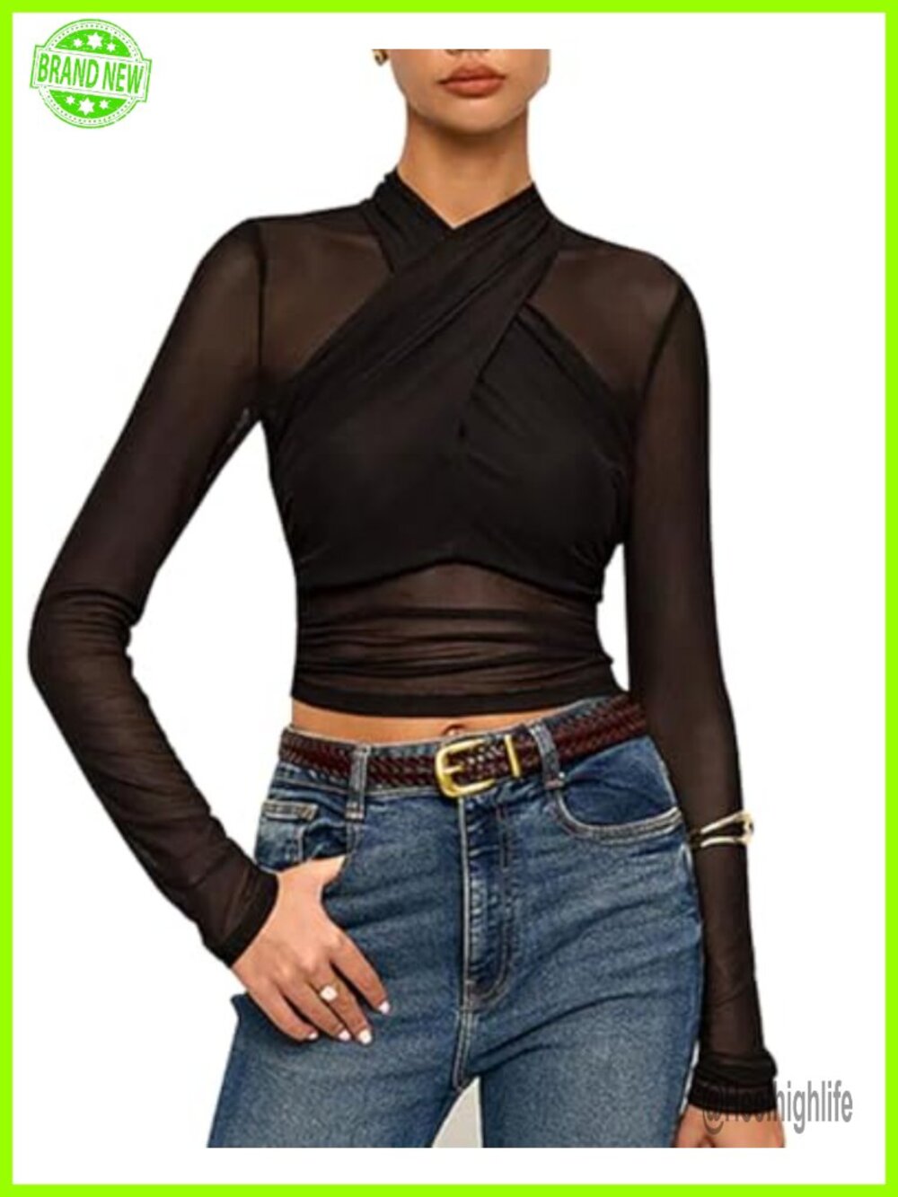 Women's Sheer Mesh Crop Top Long Sleeve Sexy Criss Cross See Through Ruched